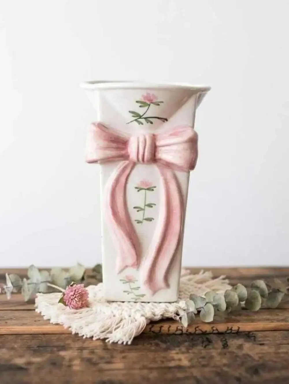 Coastal Granny Decor Rose Motif Vase, Pink Ceramic, Small Mantel Accent